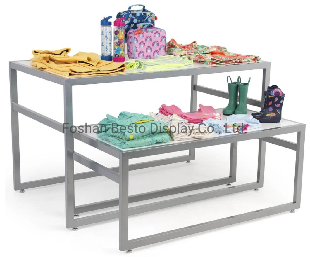 Two Tier Display Nesting Table in Black, White, Wood for Retail Store Display Clothes, Shoes, Books, Sports, Toy, Gift.