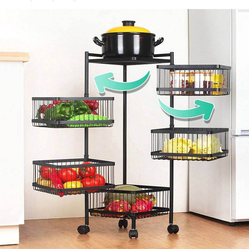 2-Tier Floor Standing 360 Rotating Fruit and Vegetables Basket Kitchen Storage Rack for Kitchen Living Room with Wheels Top Lids