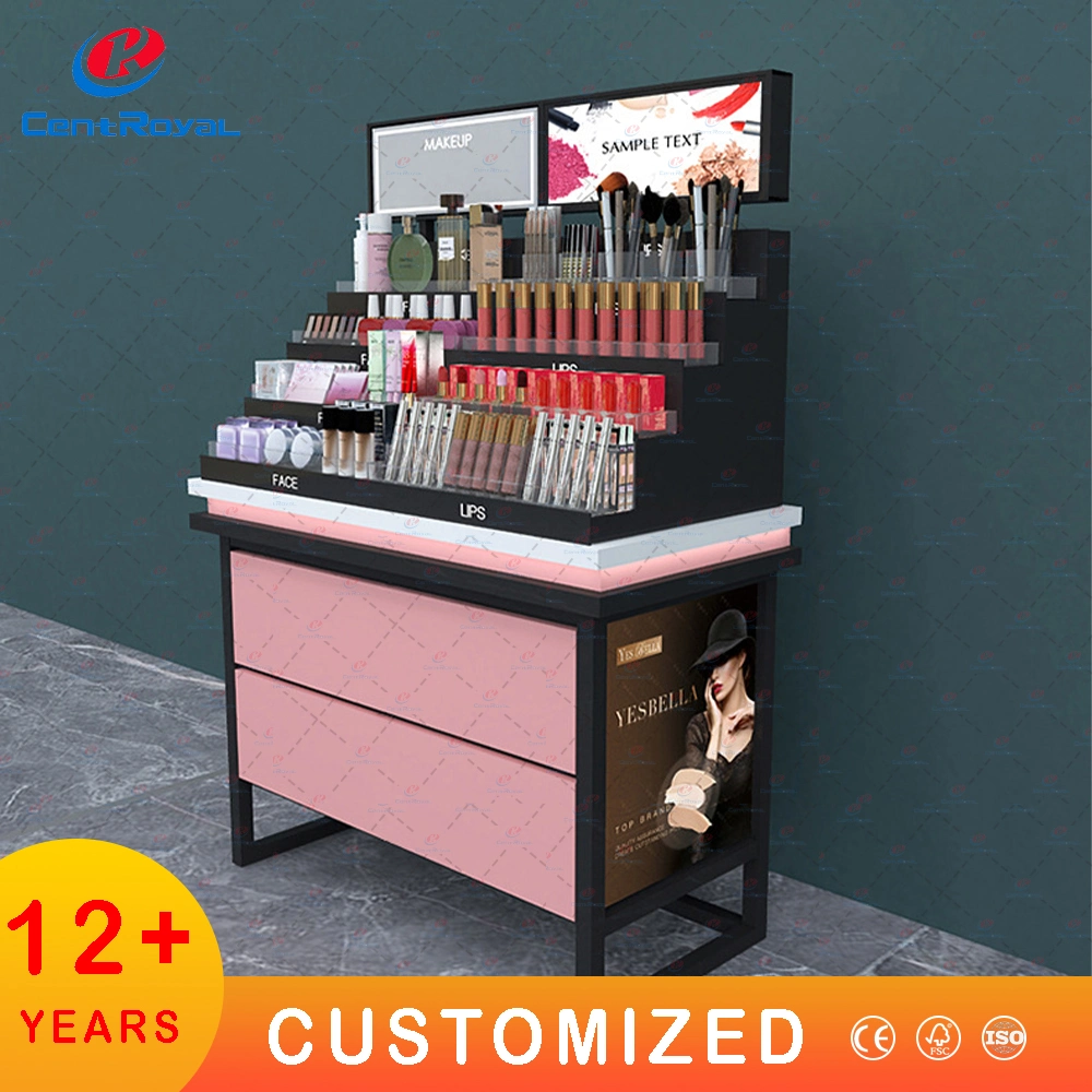 Customized Metal Wood Floor Standing Cosmetic Makeup Display Stand Rack Shelf