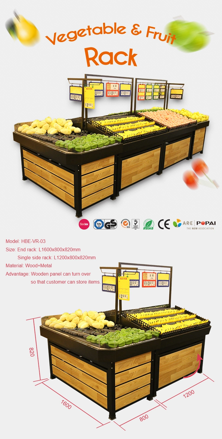 Supermarket Store Display Metal Wooden Fruit and Vegetable Stand Rack