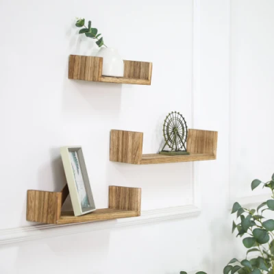 Set of 3 U Shape Carbonized Wall Floating Paulownia Wooden Shelves